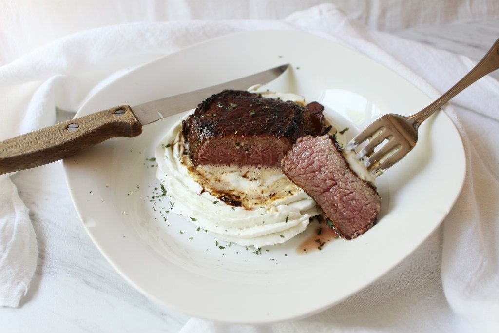 Keto Bacon Wrapped Filet Mignon w Whipped Blue Cheese