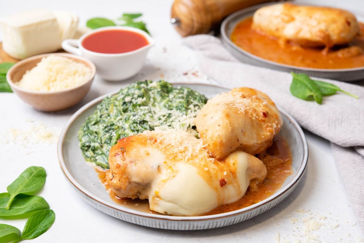 Keto Mediterranean Tomato and Mozzarella Chicken with Creamy Spinach Side