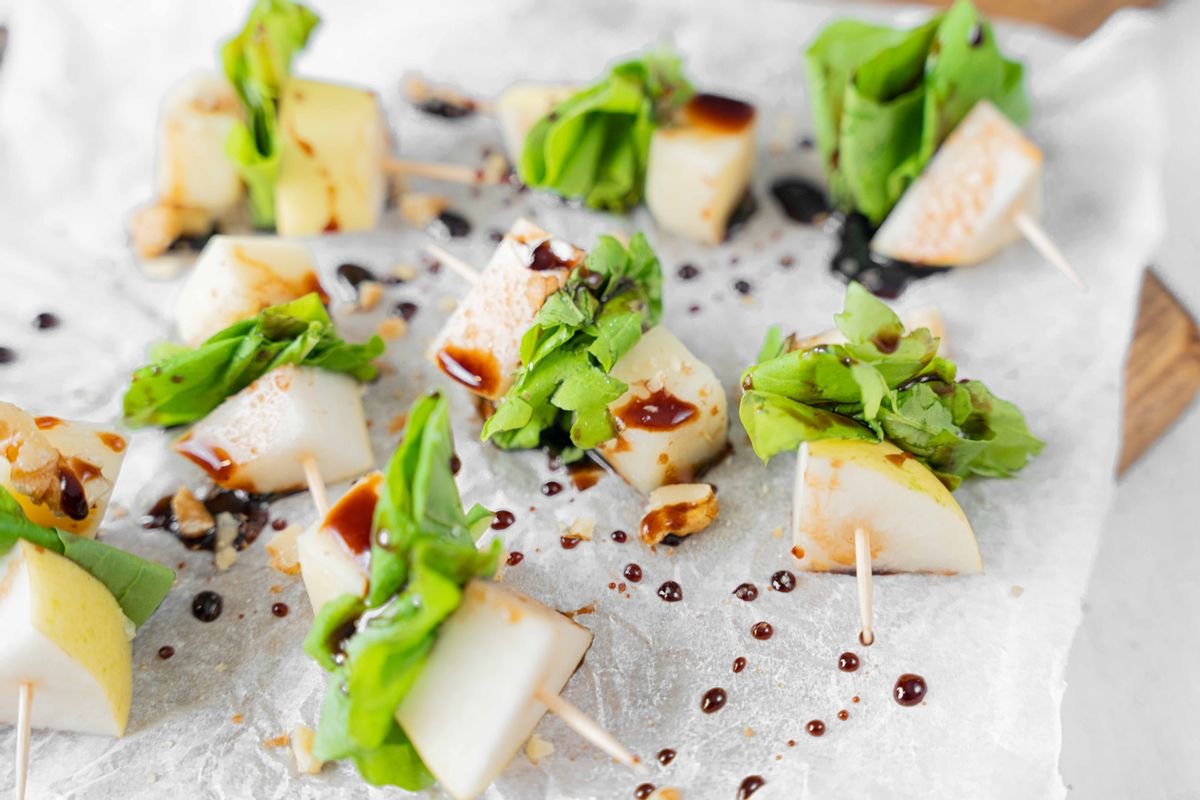 Keto New Year’s Pear and Gouda Skewers with Balsamic Glaze