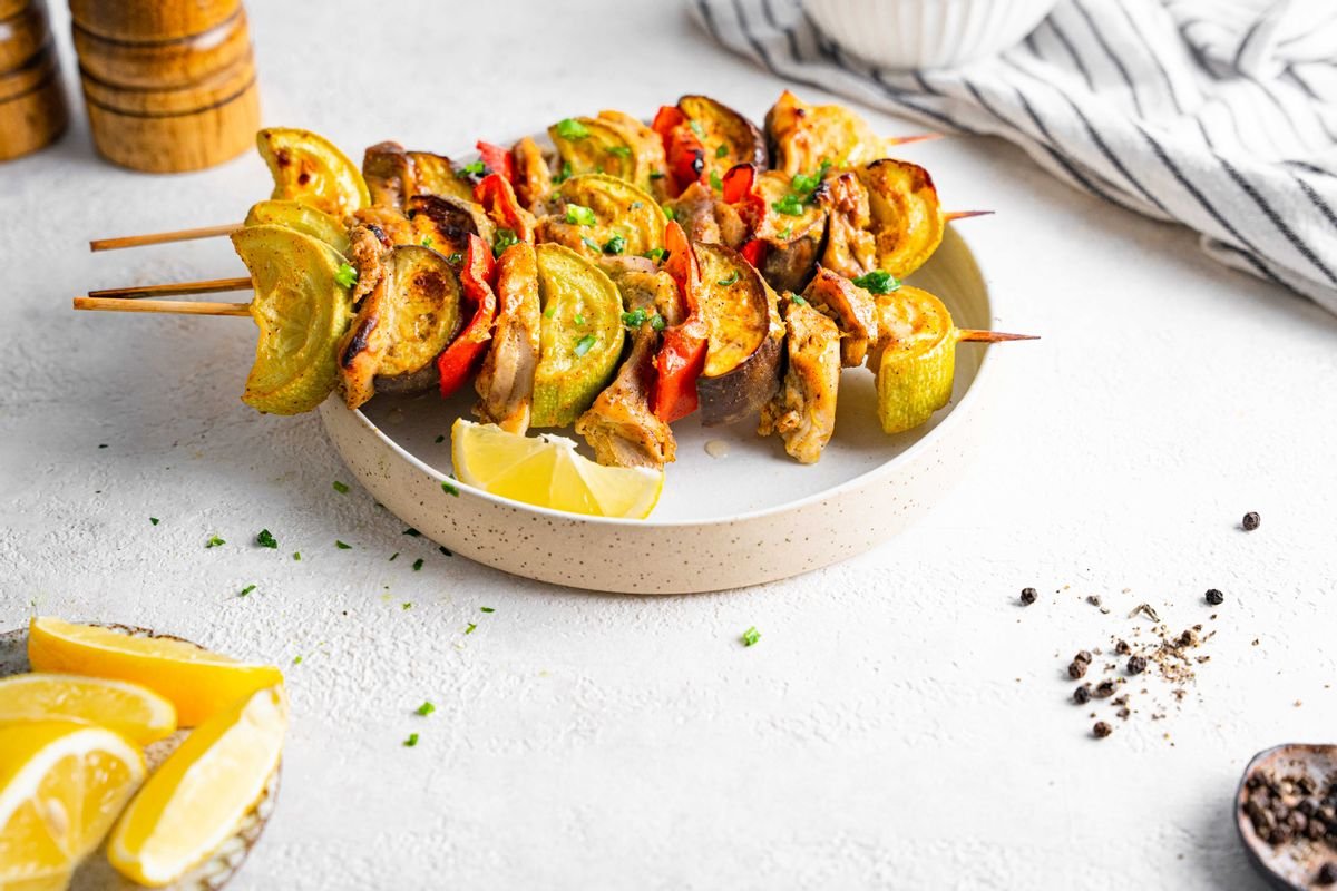 Keto Springtime Baked Vegetable and Chicken Skewers