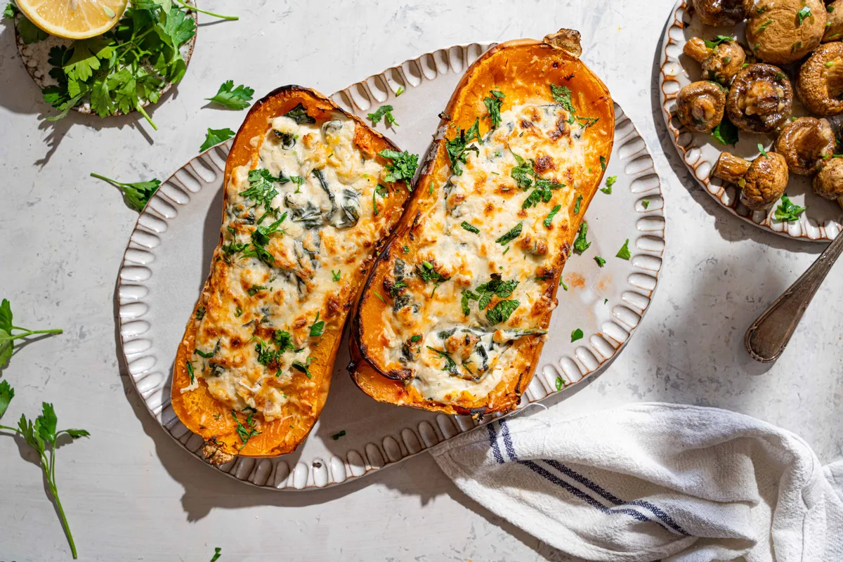 Low-Carb Creamed Spinach Stuffed Butternut Squash