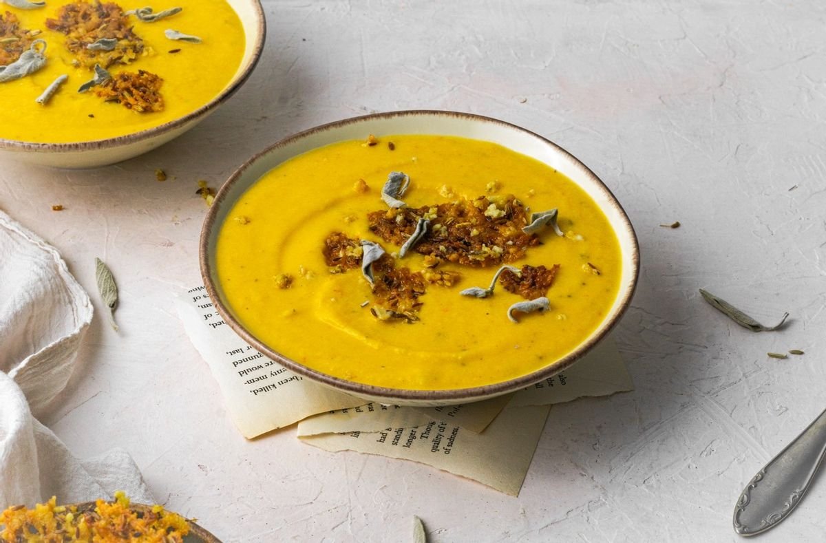 Low-Carb Roasted Feta Soup with Feta Seed Crisps